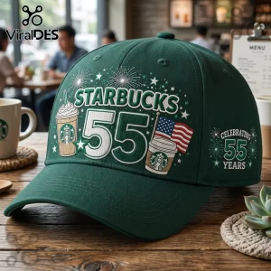 Starbucks 55th Anniversary Dark Green Baseball Cap featuring embroidered coffee cup icons and American flag design.