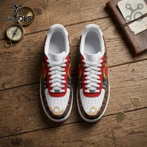 Custom low-top sneakers featuring red, white, and graphic black designs with text reading Knockin on Heavens Door on wood.!