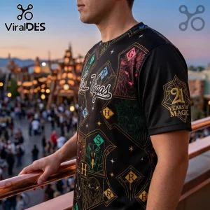 Las Vegas Aviators x Harry Potter 2026 black t-shirt featuring golden house crests, magical icons, and 21 years of magic.