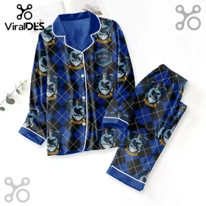 Harry Potter Ravenclaw pajama set in blue and black plaid with gold crests and long-sleeved button-down top with pants.!