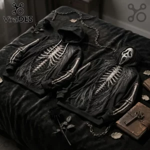 Ghostface Skeleton Halloween Pullover Hoodie 2026 featuring a white rib cage print on a black sweatshirt with chains.