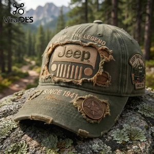 Olive green distressed Jeep baseball cap with front embroidery, Jeep Trail Rated side patch, and bronze compass badge.!