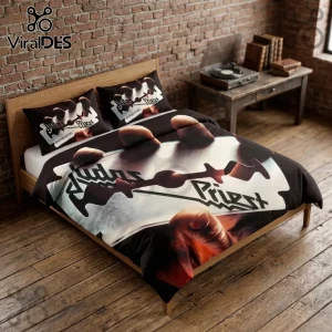 Judas Priest British Steel album cover print on a comforter and two matching pillowcases on a wooden bed frame.!