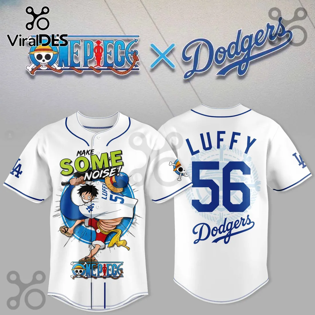 One Piece x Los Angeles Dodgers Luffy White Baseball Shirt One Piece x Los Angeles Dodgers Luffy White Baseball Shirt