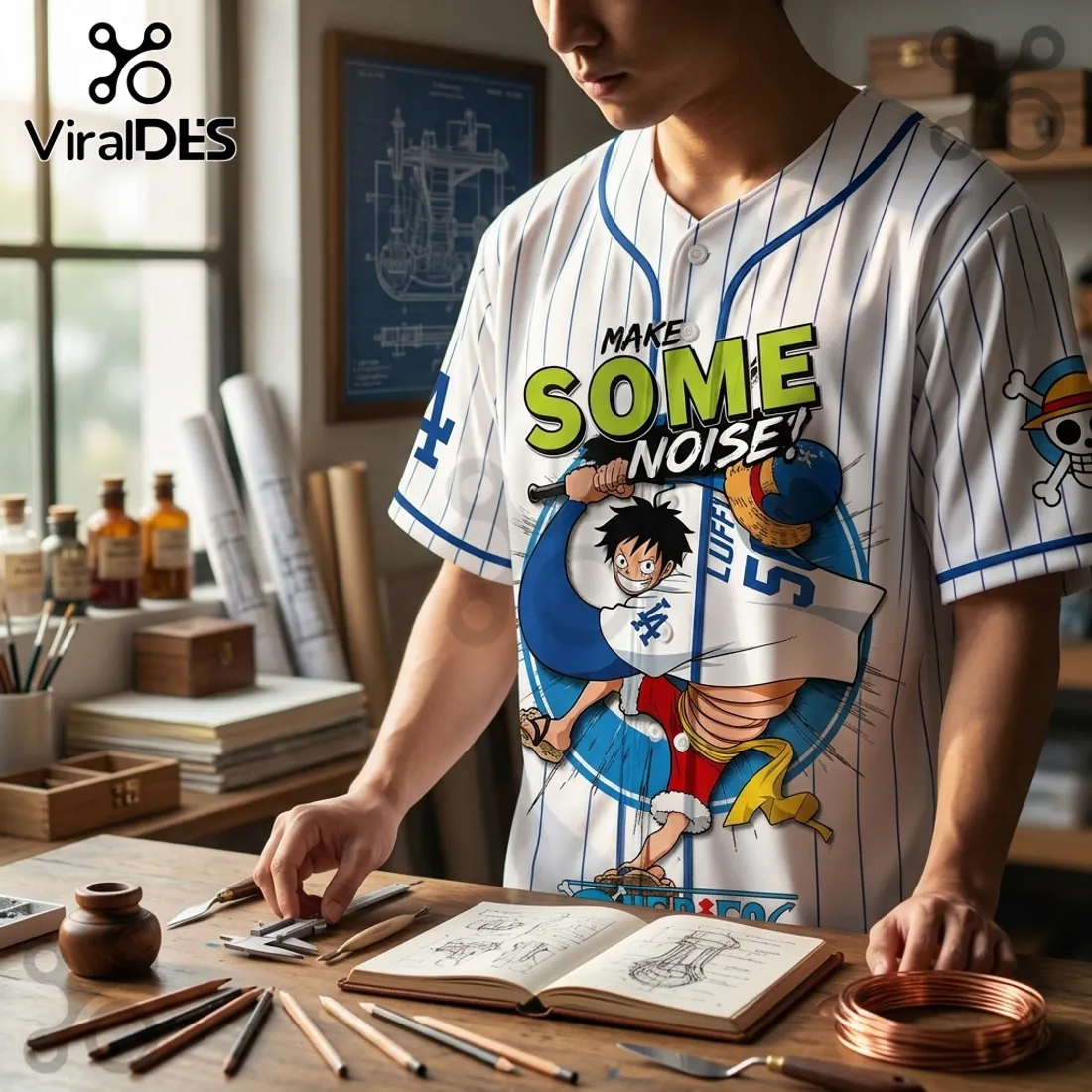 One Piece x Los Angeles Dodgers Luffy White Baseball Shirt One Piece x Los Angeles Dodgers Luffy White Baseball Shirt
