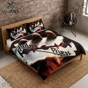 Judas Priest British Steel album art bedding set with hands holding a razor blade graphic on a wooden bed frame.!