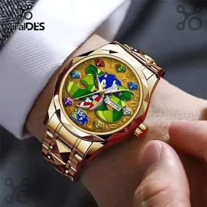 Gold wristwatch featuring Sonic the Hedgehog, 35th anniversary text, and colorful gemstone indices on a metallic face.!