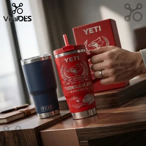 Red YETI tumbler with Toronto Blue Jays 50th Anniversary graphics, straw, and matching box next to a navy blue tumbler.!