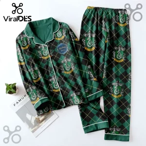 Slytherin House pajama set with dark green and black diamond pattern featuring house crests and a Harry Potter logo patch.!