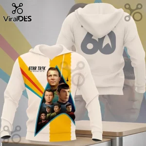 White hooded sweatshirt featuring Star Trek Original Series cast portrait inside a delta shield graphic with 60 on back.!