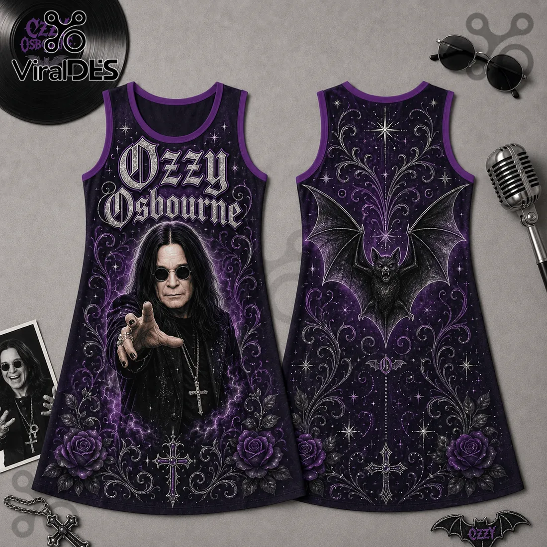 Ozzy Osbourne Purple Bat Print Women Tank Dress Ozzy Osbourne Purple Bat Print Women Tank Dress