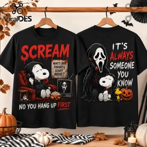 Snoopy x Scream Halloween Black T-Shirt 2026 featuring Snoopy as Ghostface, movie quotes, and horror-themed graphics.