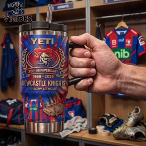 Newcastle Knights 38th Anniversary Tie-Dye 40oz Tumbler with team logo, stadium graphic, and red and blue tie-dye pattern.