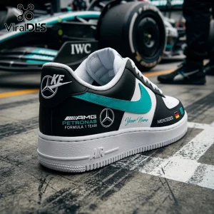 Mercedes AMG Petronas F1 Custom Nike Air Force 1 Sneakers in black, white, and teal colors featuring F1 branding details.