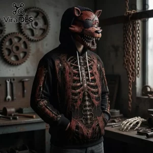 Five Nights at Freddy's Mechanical Skeleton Costume Hoodie featuring an animatronic fox mask in a gritty workshop setting.