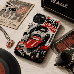 Rolling Stones Retro Magazine Phone Case featuring a Mick Jagger collage, iconic red tongue logo, and bold typography.