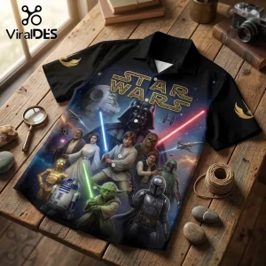 Star Wars button-up shirt featuring Darth Vader, Luke Skywalker, Leia, Yoda, and Mando on a black cosmic background.!