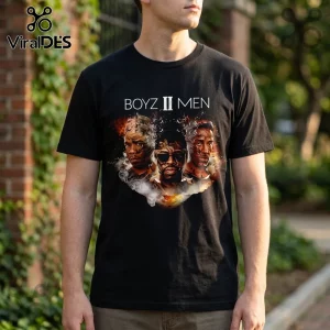 Black cotton t-shirt featuring Boyz II Men band portraits surrounded by fire and smoke graphic print.!