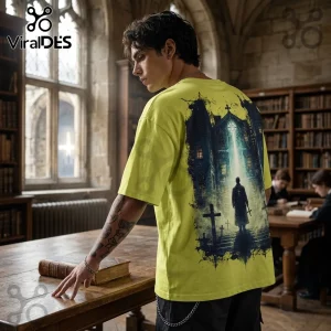Man wearing a lime green oversized cotton t-shirt with a dark gothic print of a priest outside a cathedral at night.!