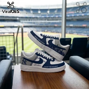 New York Yankees Navy Blue City Skyline Air Force 1 Sneakers featuring custom baseball stitching and stadium graphics.