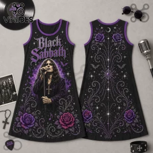 Black Sabbath sleeveless dress featuring Ozzy Osbourne portrait, purple roses, filigree swirls, and gothic star patterns.!