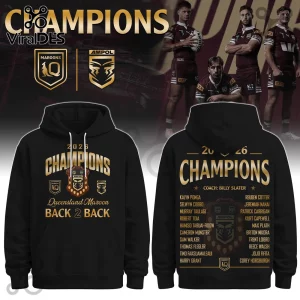 Black hoodie with gold 2026 Queensland Maroons Champions graphics, player names, and Ampol State of Origin logos.!