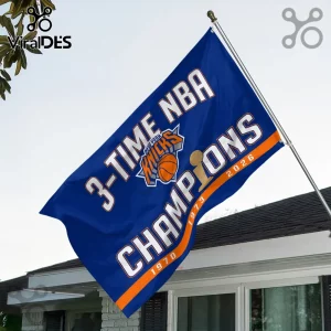 New York Knicks 3-time NBA champions flag with blue background, orange stripe, Larry O’Brien trophy, and years 1970, 1973, 2026.!