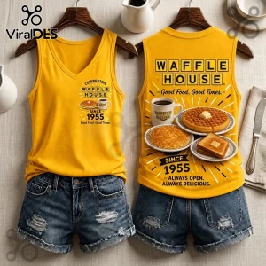 Waffle House Retro 1955 Logo V-Neck Tank Top in bright yellow featuring a breakfast print on the front and back.