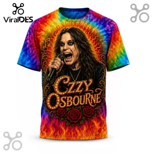 Ozzy Osbourne graphic t-shirt featuring a rainbow tie-dye background, stage lights, roses, and burning flames design.!