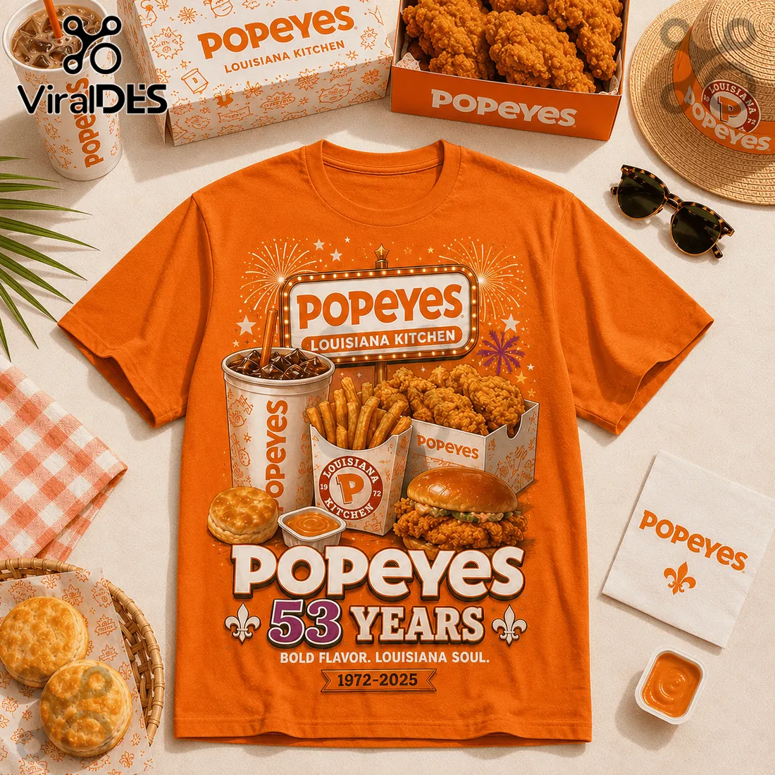 Popeyes Louisiana Kitchen 53 Years Anniversary Orange T-Shirt Popeyes Louisiana Kitchen 53 Years Anniversary Orange T-Shirt