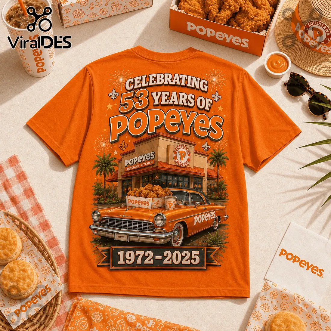 Popeyes Louisiana Kitchen 53 Years Anniversary Orange T-Shirt Popeyes Louisiana Kitchen 53 Years Anniversary Orange T-Shirt