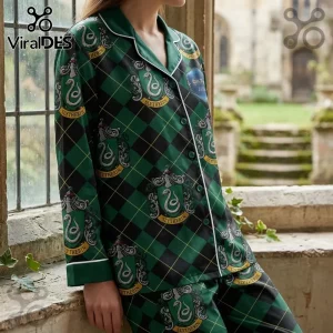 Slytherin House pajama set in green and black diamond pattern with repeated serpent crests and white trim piping.!