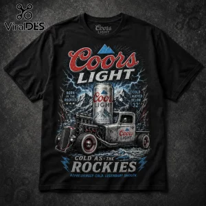 Black t-shirt featuring a Coors Light beer can, vintage hot rod, snowy mountains, lightning, and Cold as the Rockies text.!