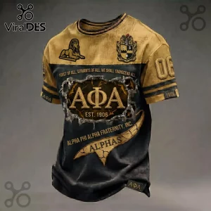 Alpha Phi Alpha fraternity t-shirt in black and gold featuring Greek letters, Sphinx icon, crest, and 1906 establishment date.!