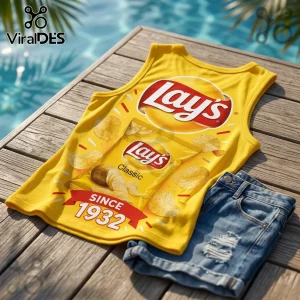 Lays Classic Potato Chips V-Neck Tank Top in yellow featuring the brand logo and 1932 graphic on a wooden pool deck.