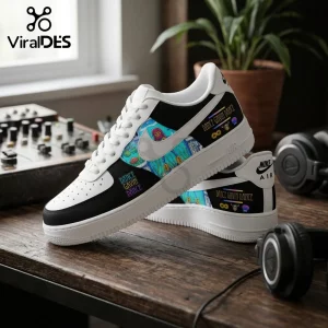 Custom Nike Air Force 1 sneakers featuring Dance Gavin Dance band graphics, black and white panels, and text accents.!