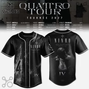 Black baseball jersey with Ninho Quattro Tour 2027 graphics, featuring white text, venue dates, and a silhouette portrait.!