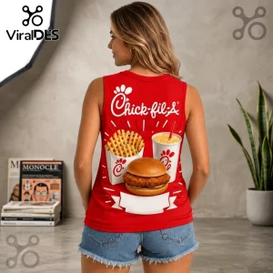 Chick-fil-A Since 1946 Fast Food V-Neck Tank Top in bright red featuring a printed chicken sandwich, fries, and drink logo.