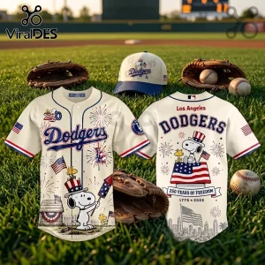 Los Angeles Dodgers baseball jersey and cap featuring Snoopy, fireworks, American flags, and 250 Years of Freedom graphics.!