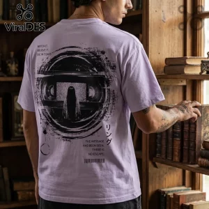 Lavender t-shirt featuring a back print of a girl standing before a static television with Japanese and English text.!