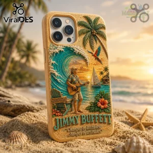 Jimmy Buffett Margaritaville embossed textured phone case featuring a beach sunset, acoustic guitar player, and palm tree.