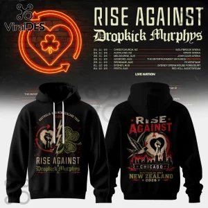 Black hooded sweatshirt featuring Rise Against and Dropkick Murphys 2026 Australia and New Zealand tour graphic prints.!