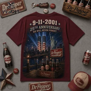 Dr Pepper Vintage 9/11 Memorial Anniversary Maroon T-Shirt featuring Statue of Liberty and Twin Towers graphic design.