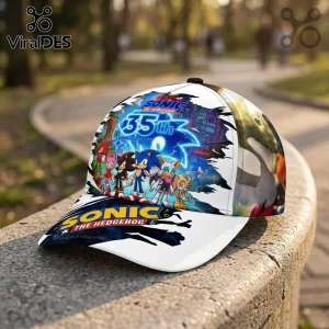 Sonic the Hedgehog 35th anniversary baseball cap with character graphics on a white fabric background.!