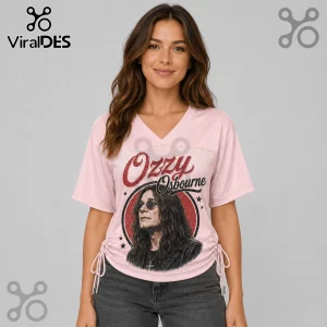 Ozzy Osbourne Crazy Train pink lace-up jersey featuring a round graphic with the artist's portrait on a soft pink top.