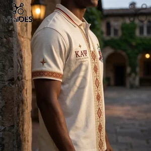 Off-white cotton polo shirt with Kappa Alpha Psi Greek letters, red embroidery patterns, and a crest on the chest.!