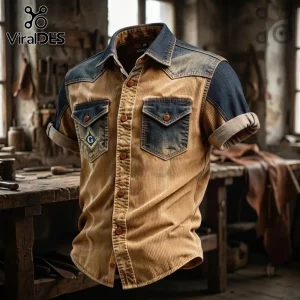 Masonic Logo Denim Patchwork Short Sleeve Shirt featuring a tan corduroy body, dark blue denim shoulders, and chest patch.