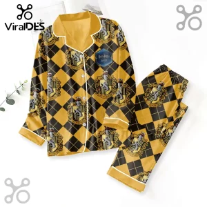 Hufflepuff Harry Potter pajama set with yellow and black diamond pattern and house crests on long-sleeve top and pants.!