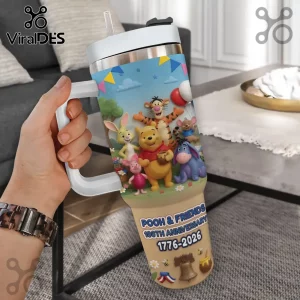 Winnie the Pooh and friends stainless steel tumbler with handle featuring a 100th anniversary 1776-2026 printed design.!