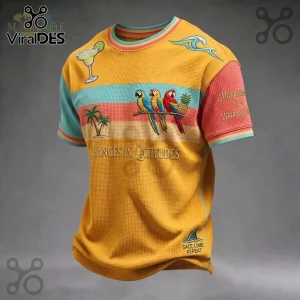 Margaritaville Changes In Latitudes Waffle Knit T-Shirt in yellow with tropical parrot, palm tree, and margarita graphics.